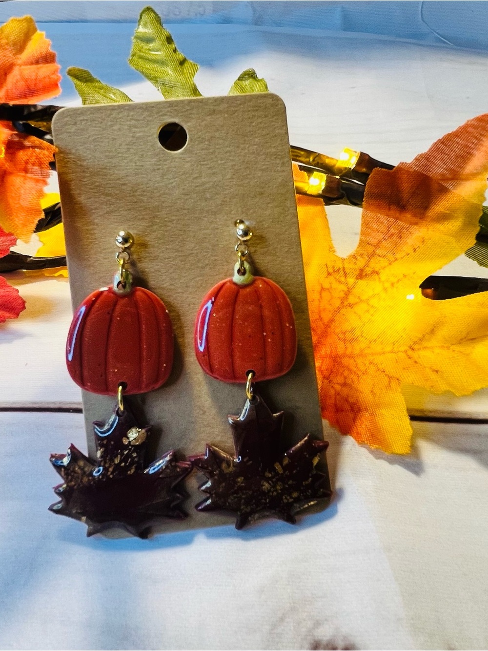 Orange Pumpkin and Brown Leaf Earrings